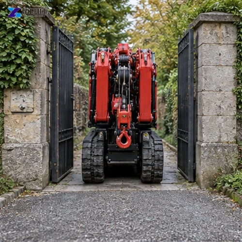 Folded tracked spider crane aligned with a narrow stone gate and garden path