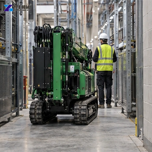 Compact crane moving through a restricted factory aisle