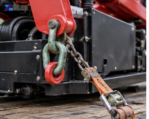 Chain and strap securing a tracked spider crane at a transport restraint point