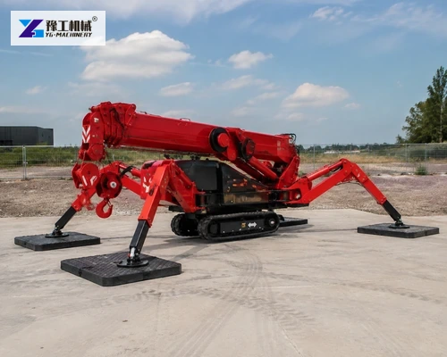 Compact spider crane deployed on broad support mats