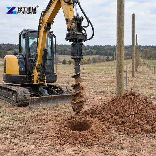 Excavator auger beside a freshly drilled pole hole