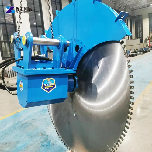 Opposite-side view of an excavator rock saw attachment
