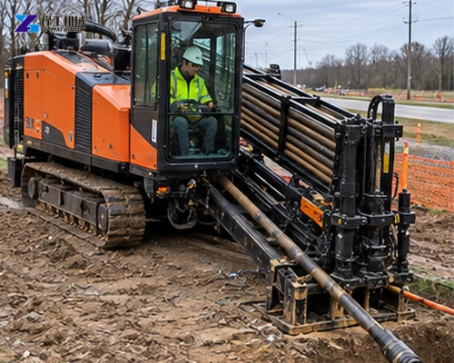 Orange tracked trenchless drilling machine with drill rods at a roadside bore