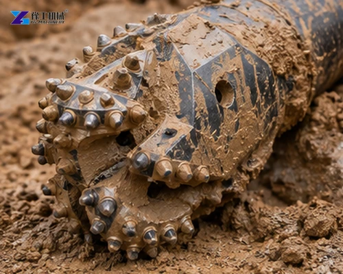Close view of an HDD pilot drill bit covered with cohesive soil