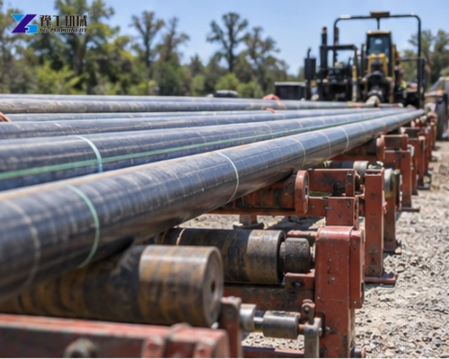 Product pipe supported on rollers before HDD pullback