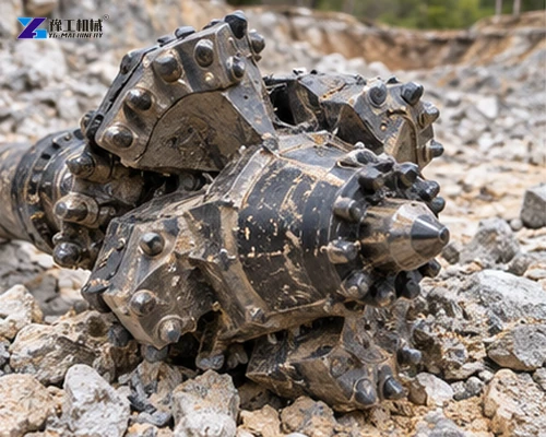 Heavy carbide rock reamer resting on broken stone at an HDD site