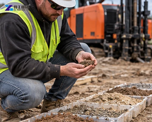 Technician examining soil samples beside a trenchless drilling rig