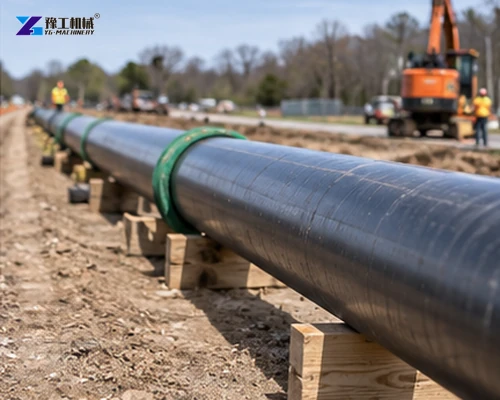 Long black product pipe supported and aligned for an HDD pullback