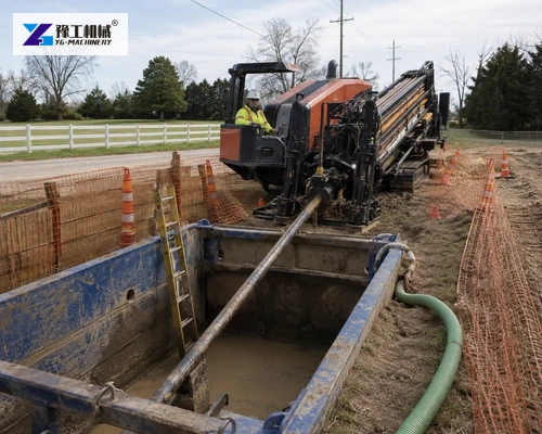 Directional drilling rig aligned at bore entry