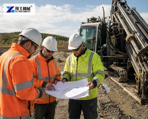 Survey crew reviewing bore profile beside drilling rig
