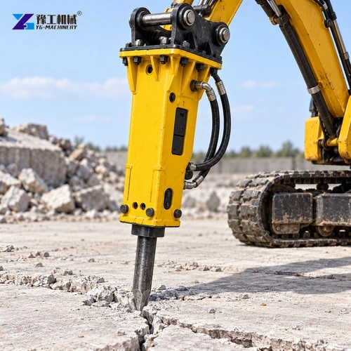 Mini digger breaker beside separated concrete pieces