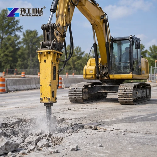 Hydraulic hammer working on pavement from a wider angle