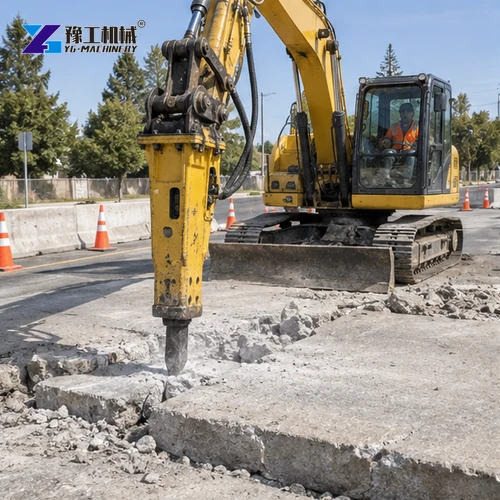 Excavator hydraulic hammer cracking a concrete slab