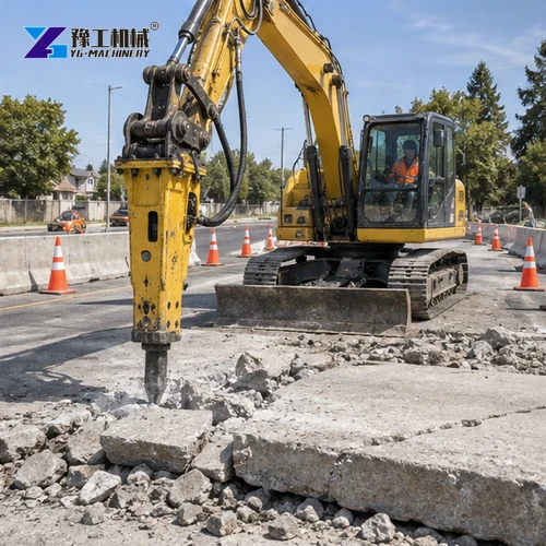 Wider roadwork scene with an excavator breaker