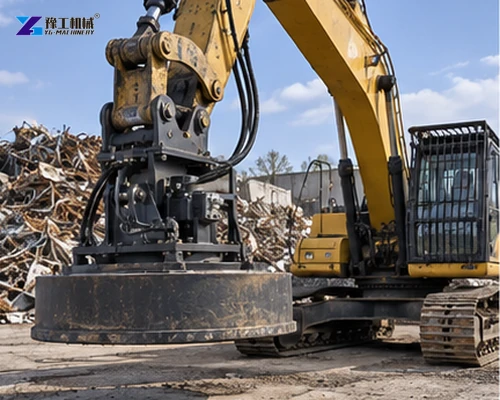 Excavator using a magnet attachment to move ferrous scrap at a processing site