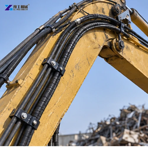 Hydraulic hoses routed and secured along an excavator magnet attachment