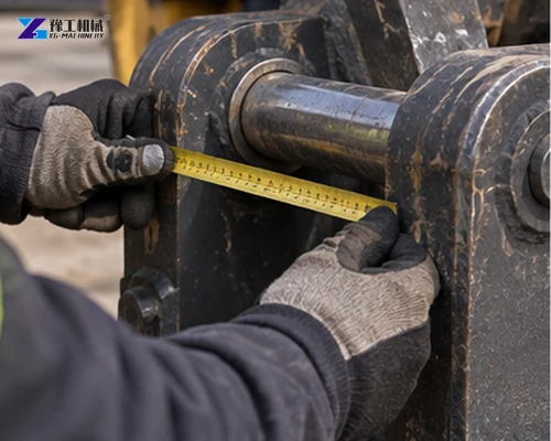 Mounting interface and dimensions being checked for an excavator magnet attachment