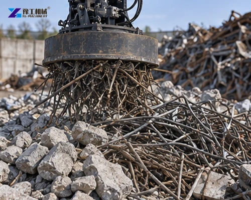 Excavator magnet separating ferrous scrap during a sorting operation