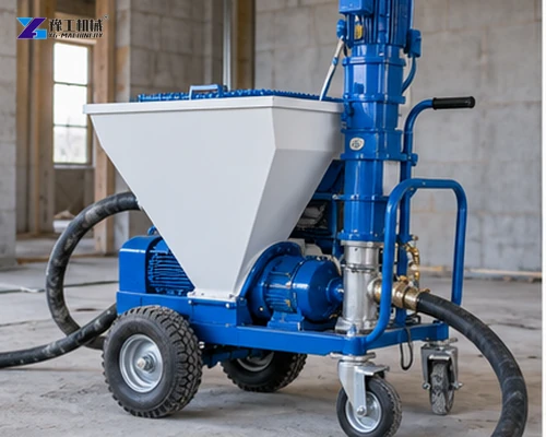 Blue mortar spraying machine with hopper and delivery hose