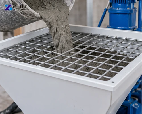 Fresh mortar passing across a metal hopper screen