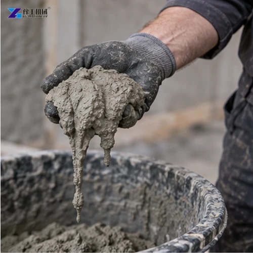 Gloved worker checking the consistency of wet mortar