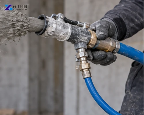 Close view of mortar spray nozzle and air connection