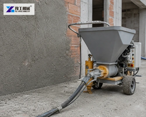 Mortar spraying machine staged beside masonry wall