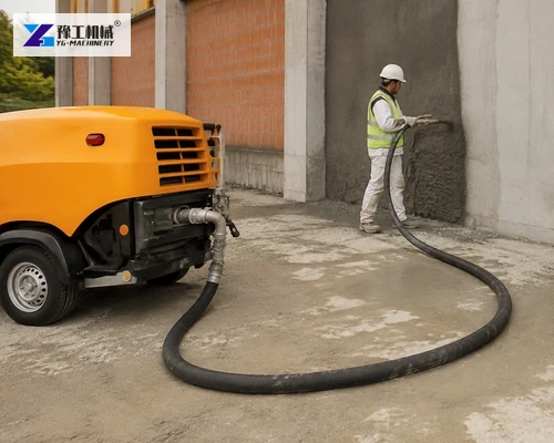 Mortar delivery hose arranged in a broad curve