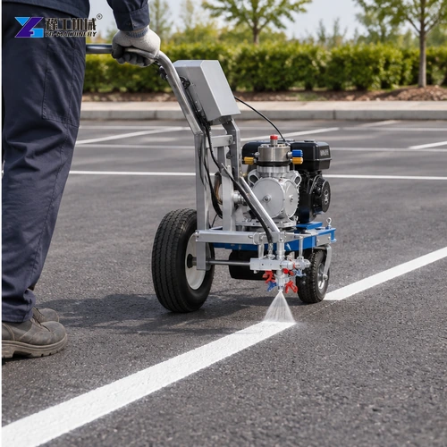 pavement marking machine applying parking lot line rear view