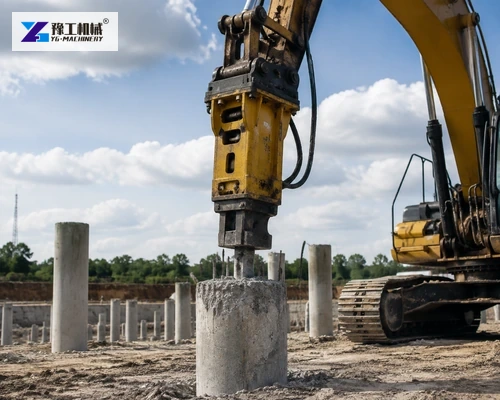 Hydraulic pile breaker suspended over round concrete pile
