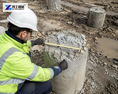 Technician measuring actual concrete pile head diameter