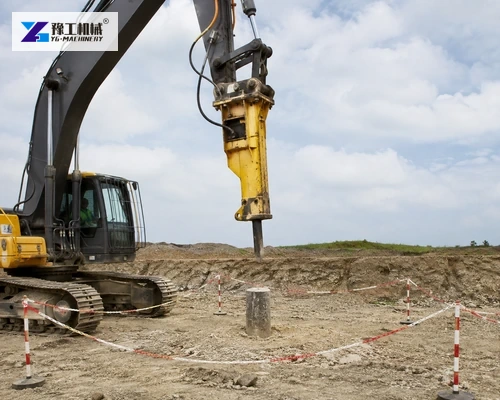 Excavator positioning pile breaker inside exclusion zone
