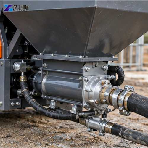 Hopper and pump assembly on a render spraying machine