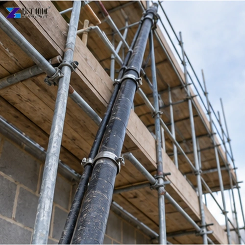 Render hose routed safely along construction scaffolding