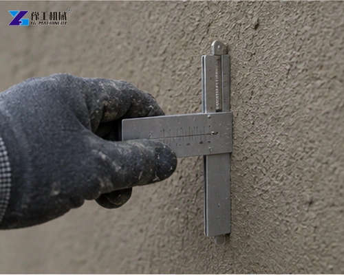 Technician measuring wet render thickness on a wall