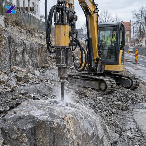 Excavator hydraulic rock drill in an urban trench
