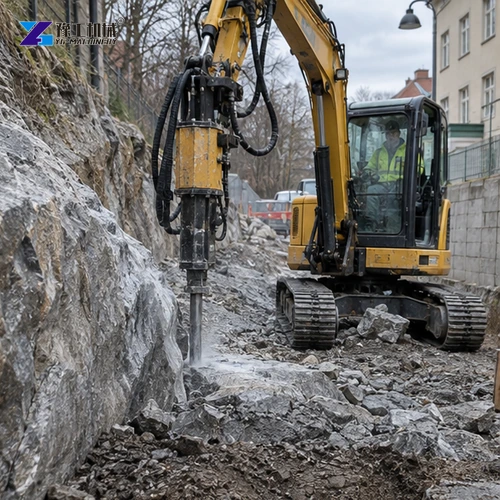 Excavator drill positioned against a rock face