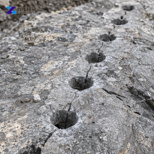 Drilled rock holes arranged along a planned split line