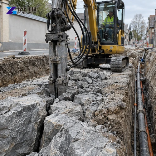 Rock fragments beside an excavator splitter attachment