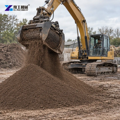 Rotary screening bucket processing topsoil