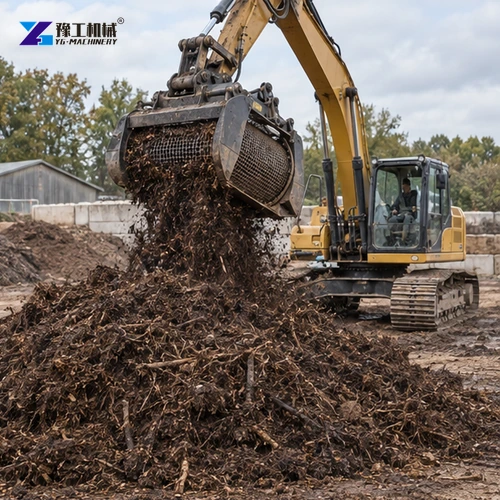 Rotary bucket separating compost at a material yard