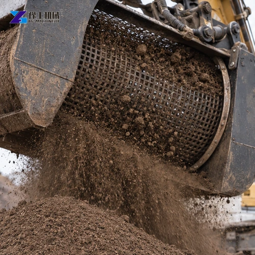 Topsoil tumbling through a rotary screen drum