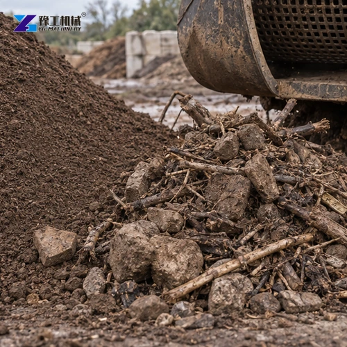 Screened soil and coarse oversize beside the bucket