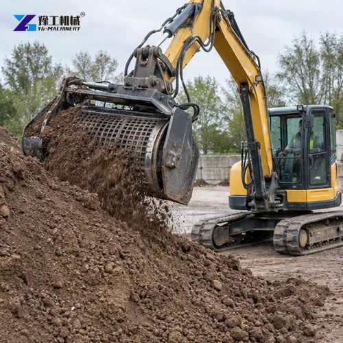 Excavator bucket drum screening a topsoil pile