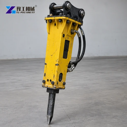 Yellow hydraulic breaker attachment displayed in a three-quarter side view