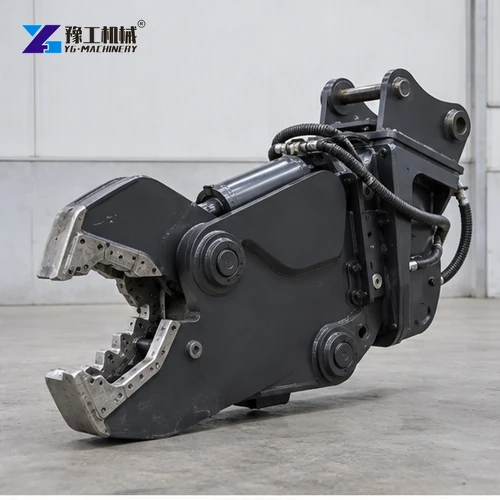 Opposite three-quarter view of a hydraulic shear with open jaws