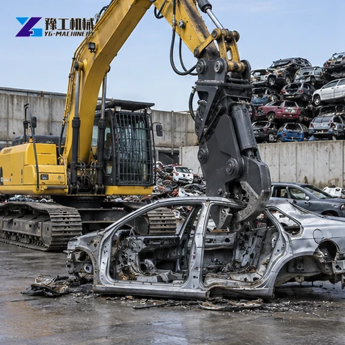 Excavator shear positioned over a depolluted car body in a recycling yard