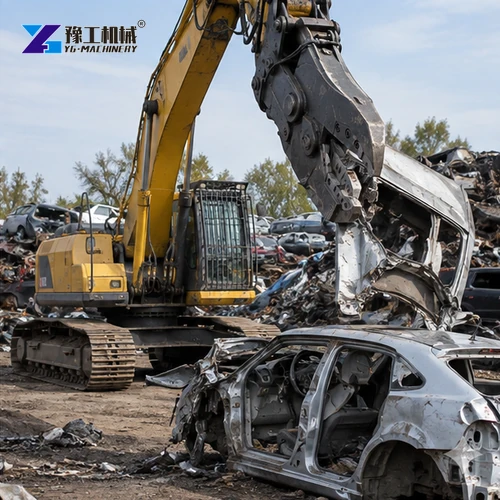 Excavator shear cutting a steel body section for sorting