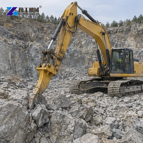 Excavator ripper loosening fractured rock at an exposed quarry face