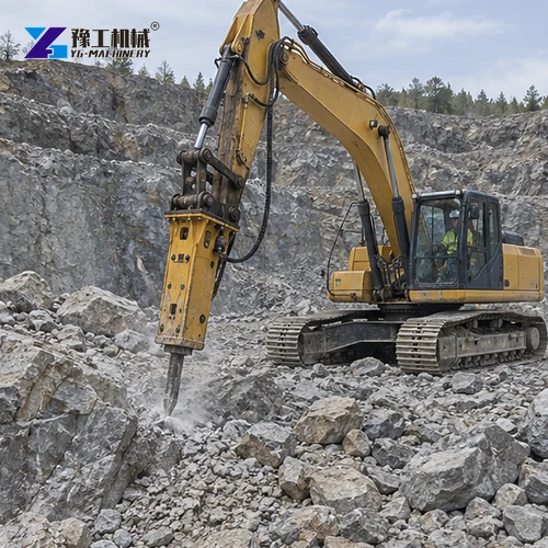 Hydraulic breaker mounted on an excavator at a weathered rock bench